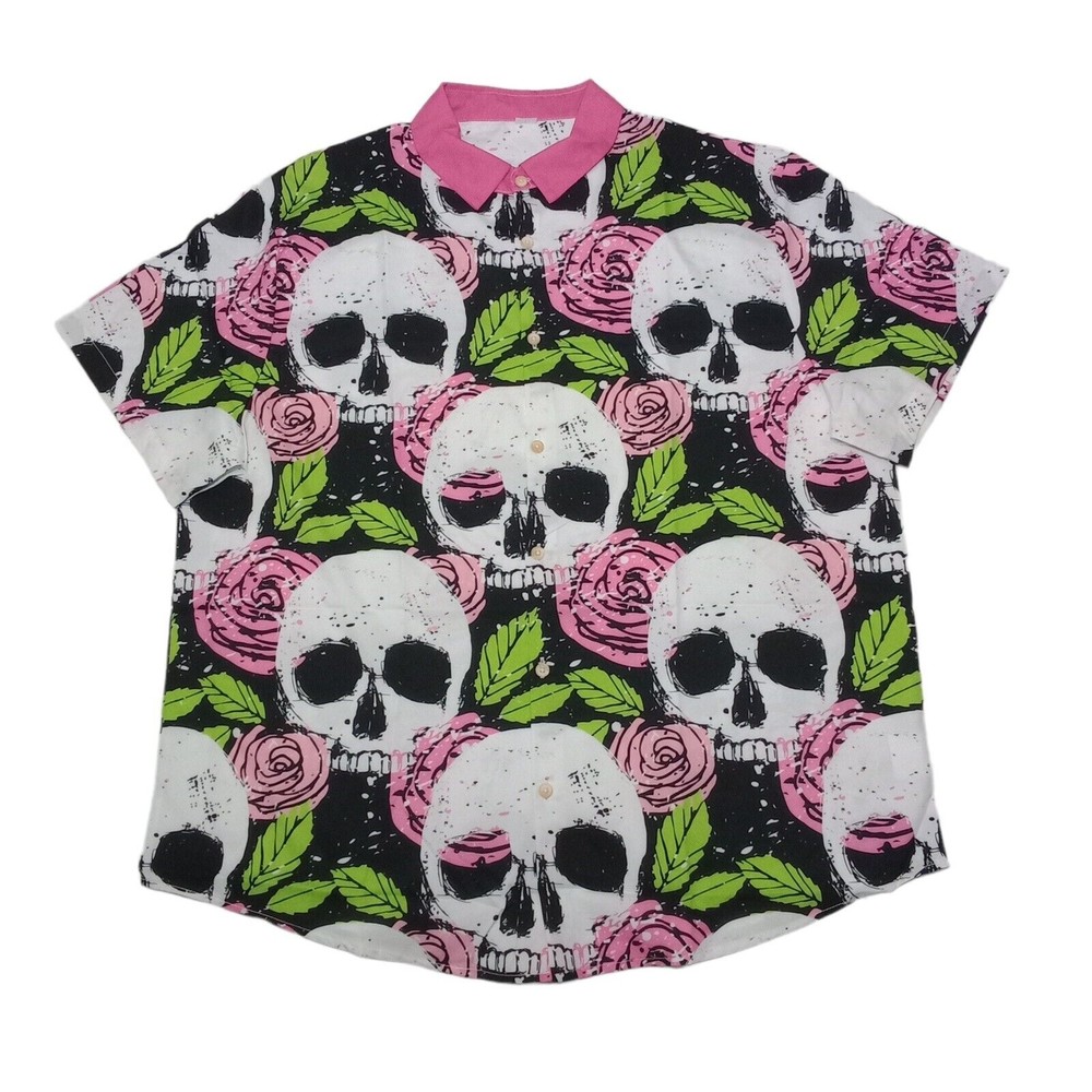 Men's Skull Hawaiian Shirt‎ Small Size Pink Floral Flower Roses Button Up